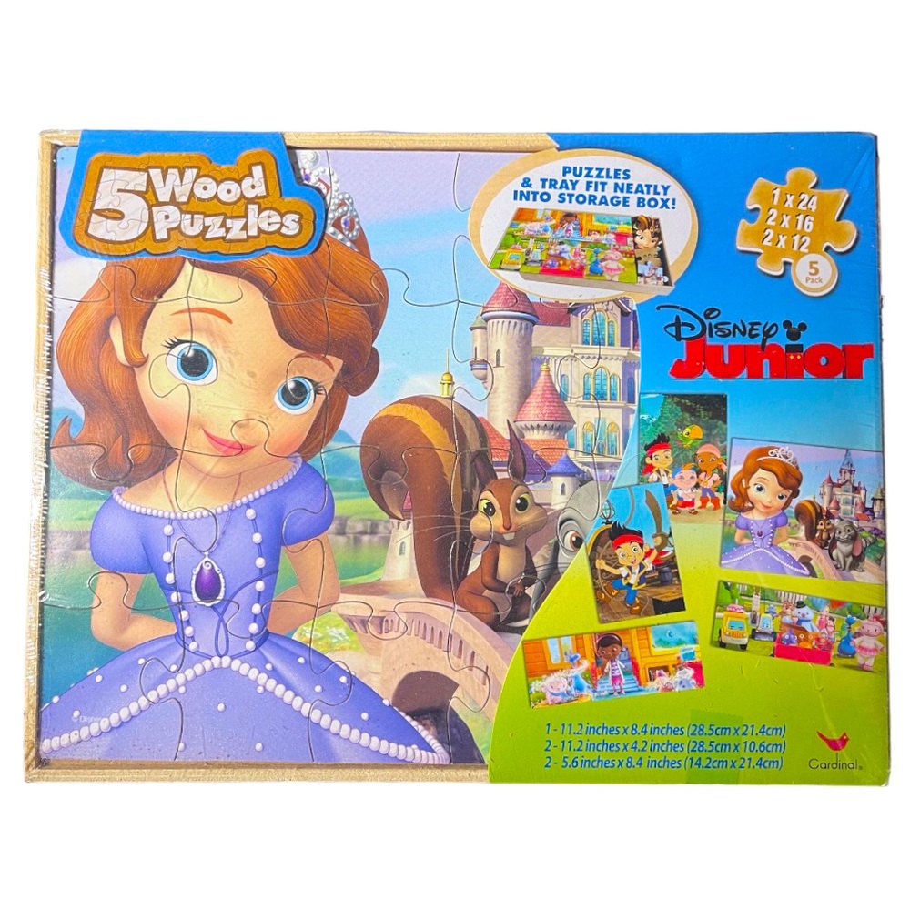Disney Jr Set of 5 wood puzzles and storage box